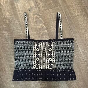 FOREVER 21 Large Navy Blue Embroidered Smocked Ruffle‎ Crop Top Tank  NWT